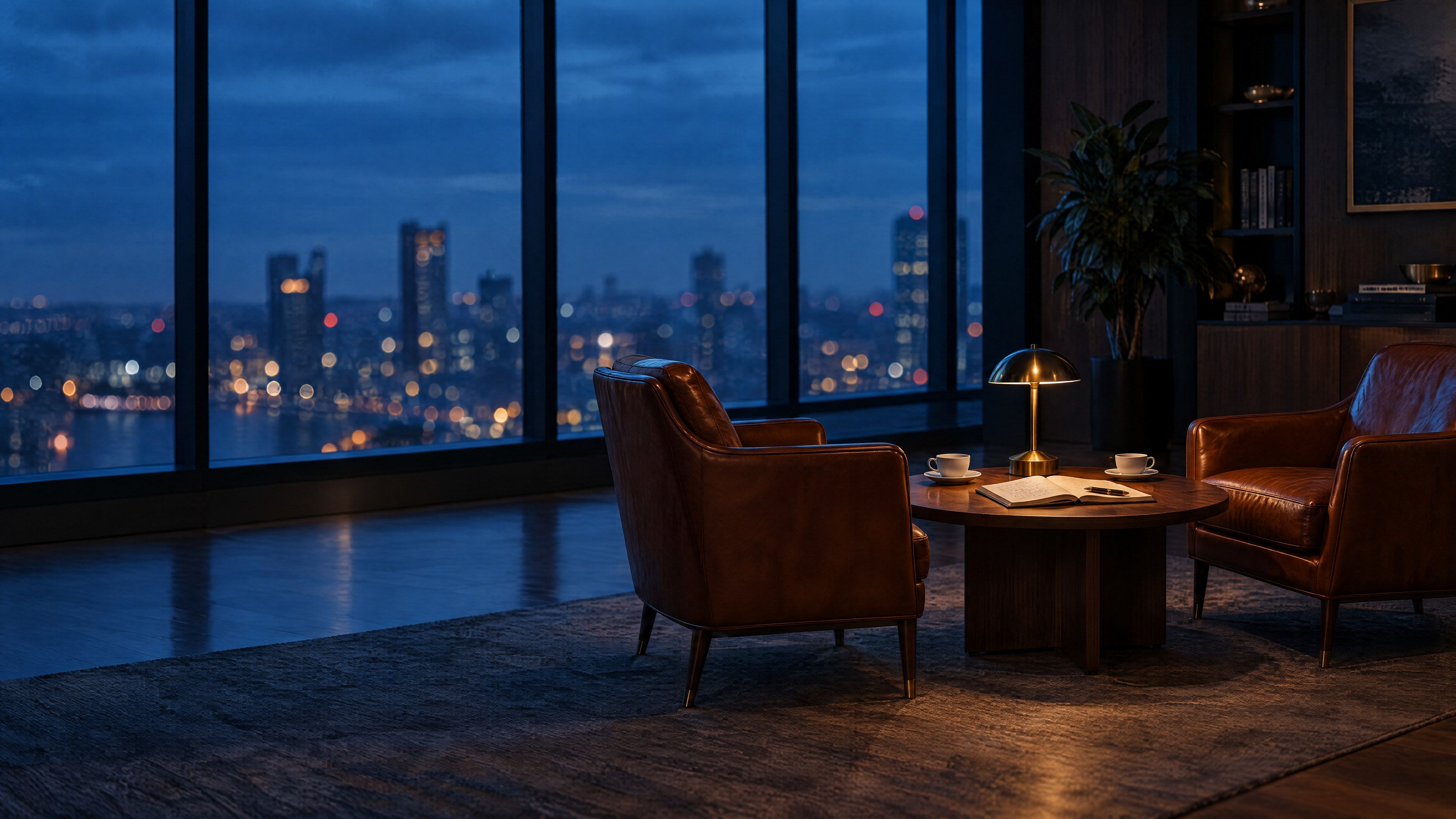 Two leather armchairs set for a conversation by an office window at dusk, with coffee and an open notebook.