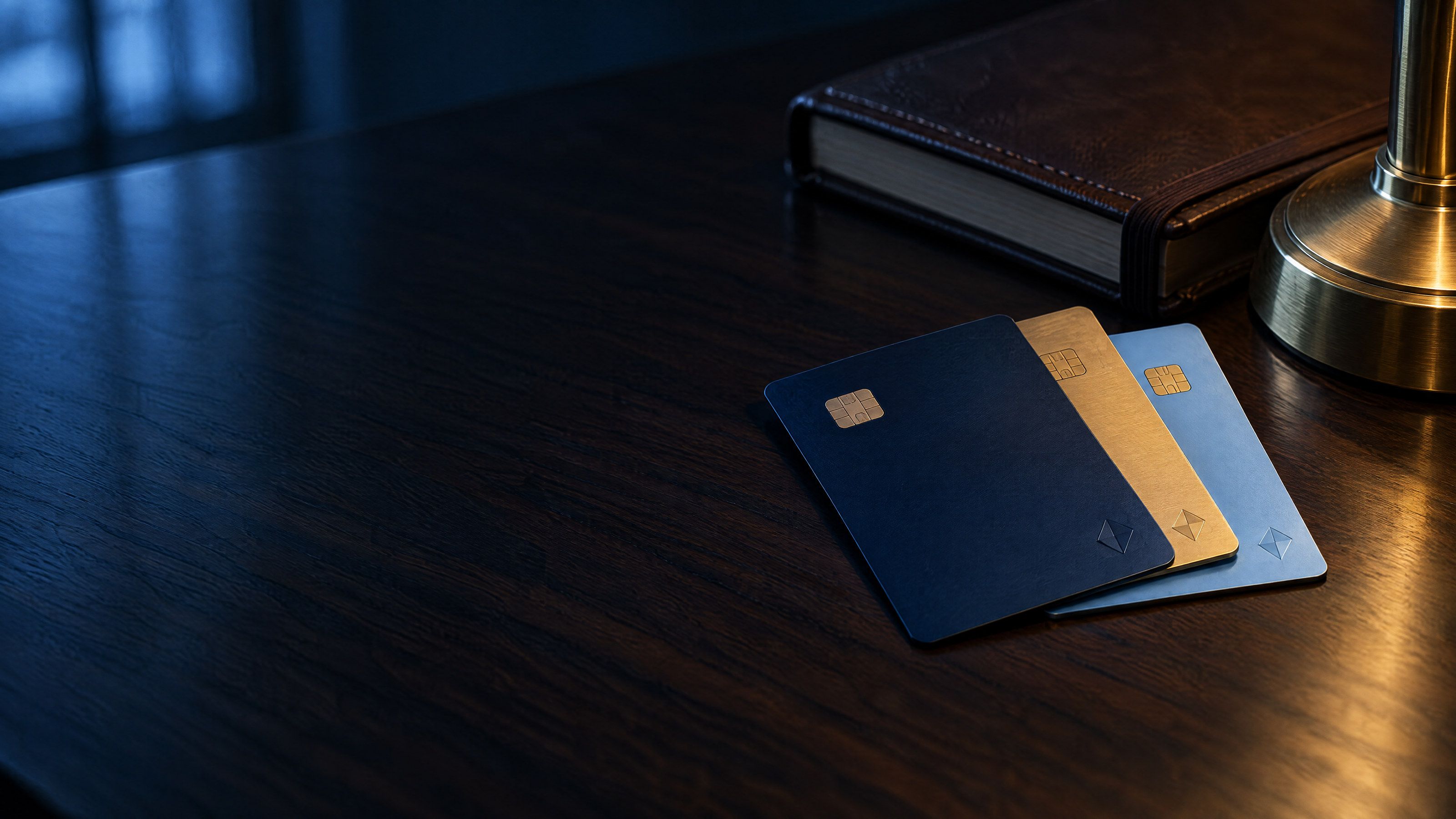 Three cards in navy, gold and sky blue rest on a walnut desk beside a brass lamp.