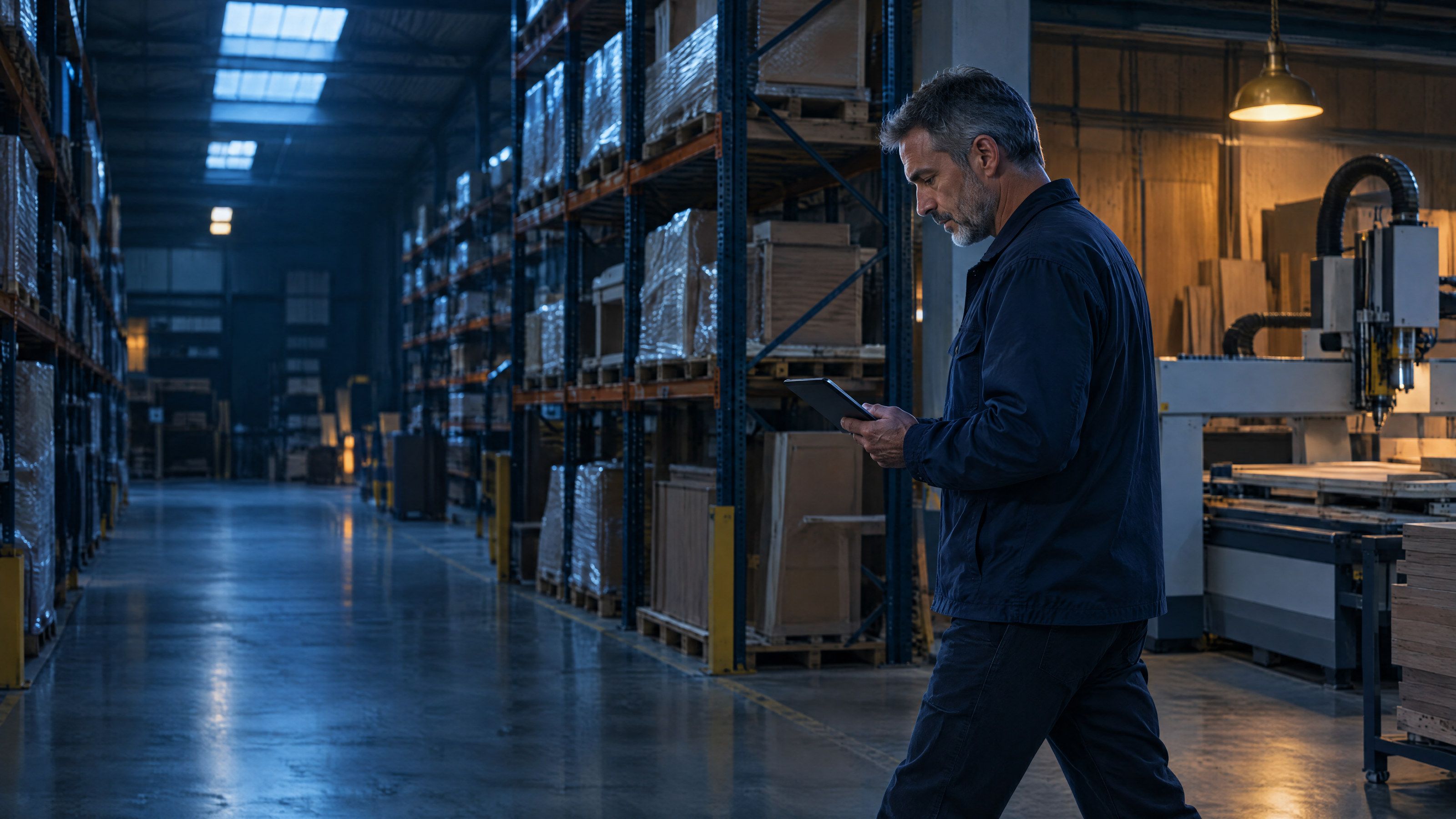 A business owner checks orders on a tablet as he walks through his warehouse.