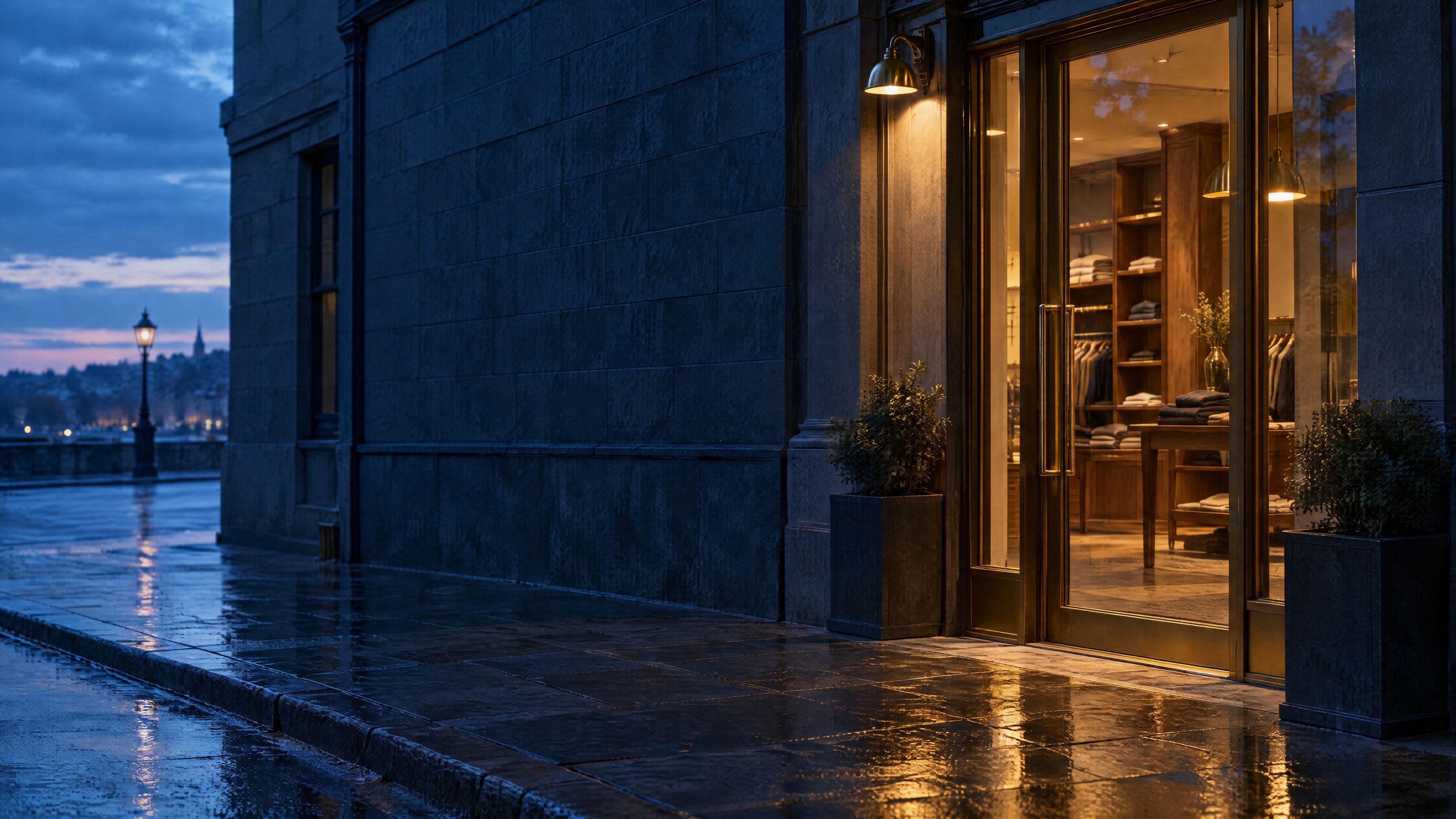 The lit glass doors of an independent boutique on a quiet street at dusk.