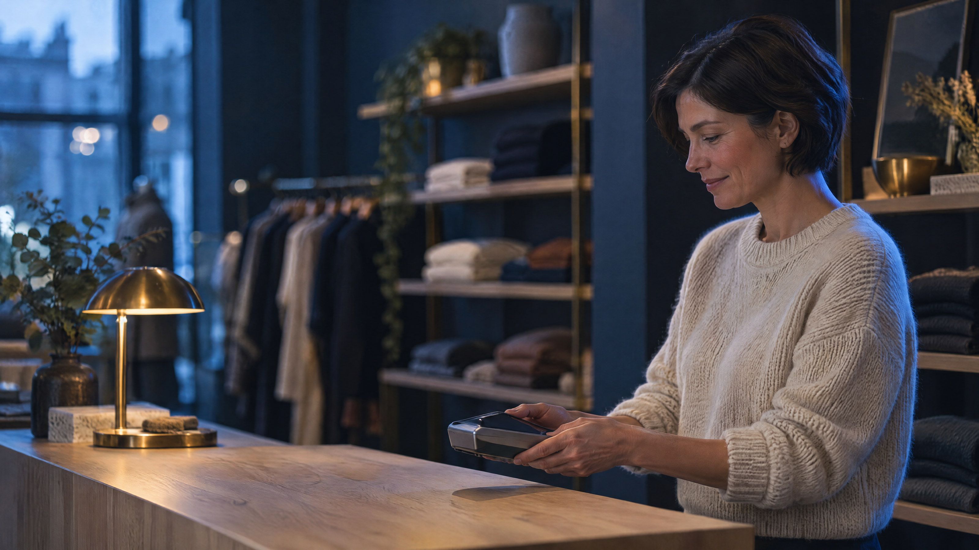 A boutique owner takes a contactless payment at her counter in the evening.