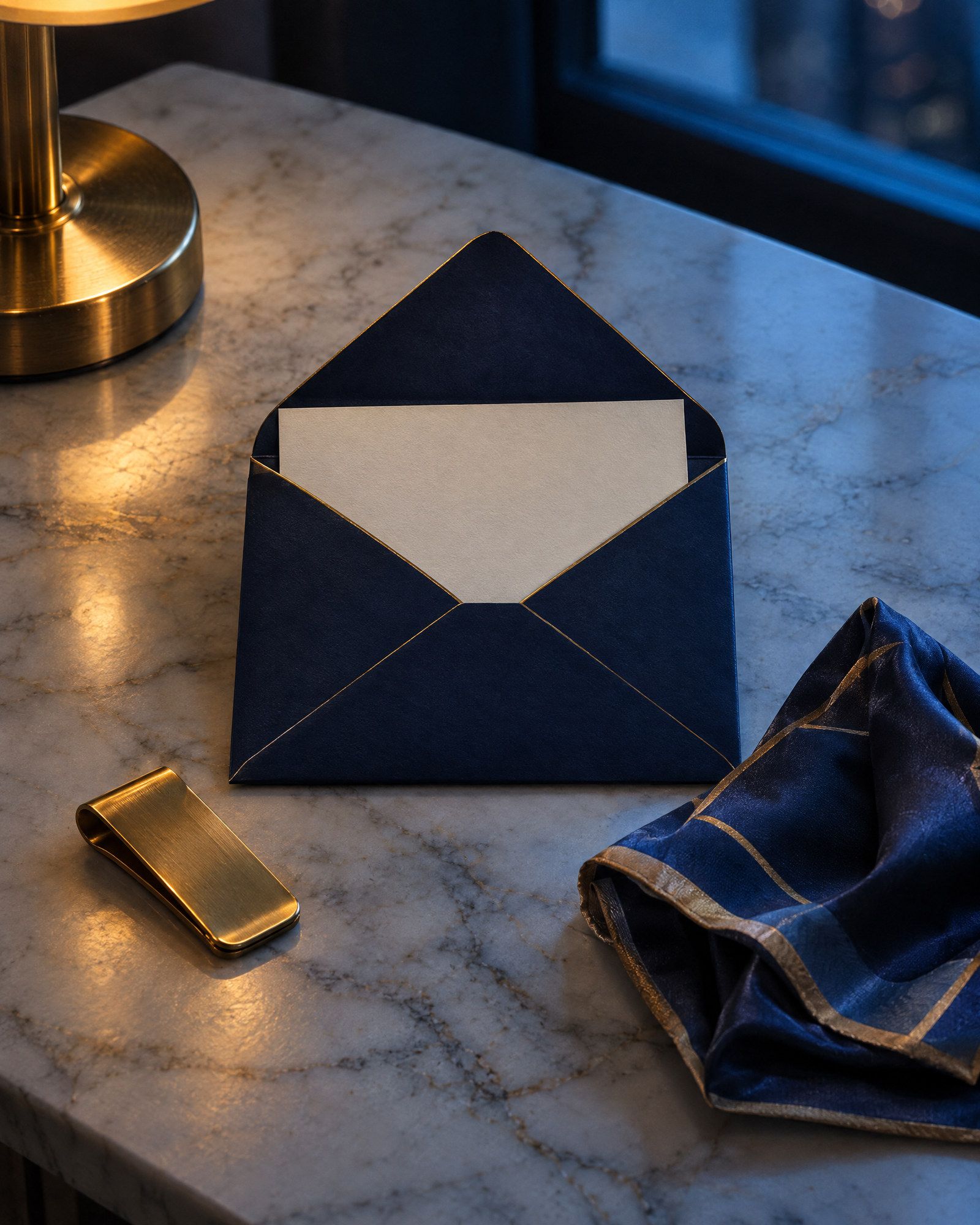 A gift card in a navy envelope and a gold card on a marble counter.