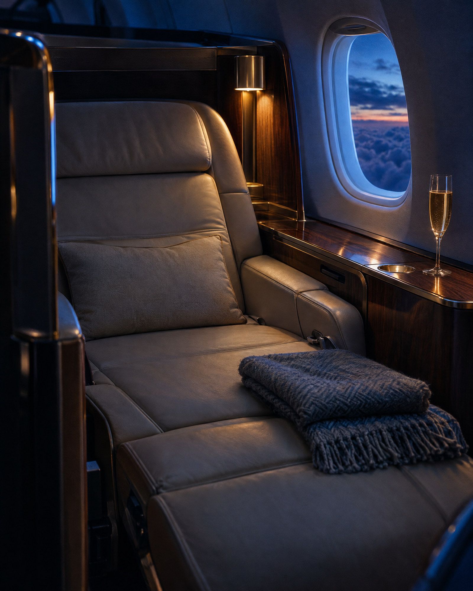 A reclined leather seat in a private aircraft cabin at dusk.