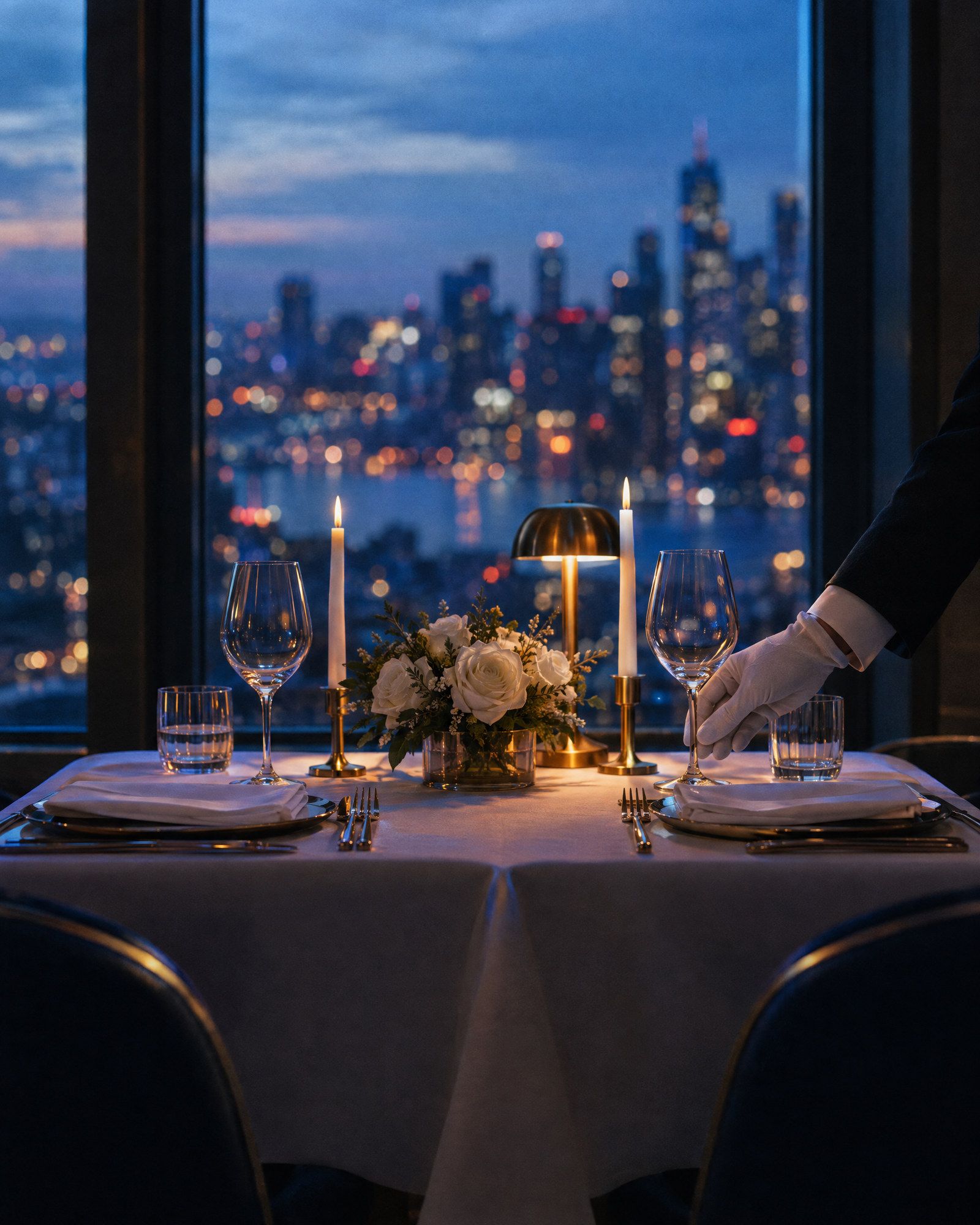 A candlelit table for two set by a window over the city at night.