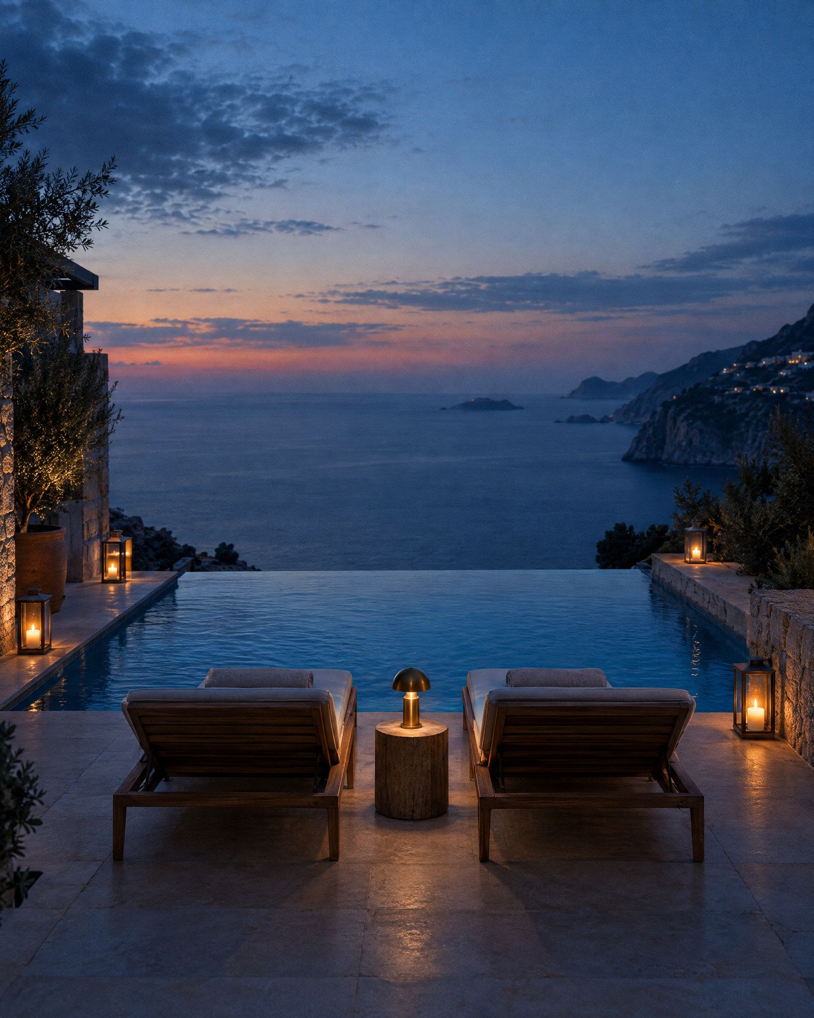 Two loungers beside an infinity pool overlooking the sea at dusk.