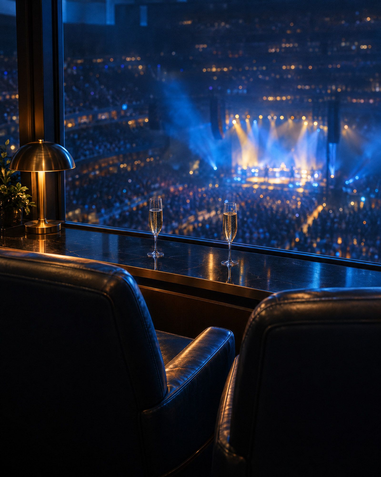 Private box seats looking out over a concert in a lit arena.