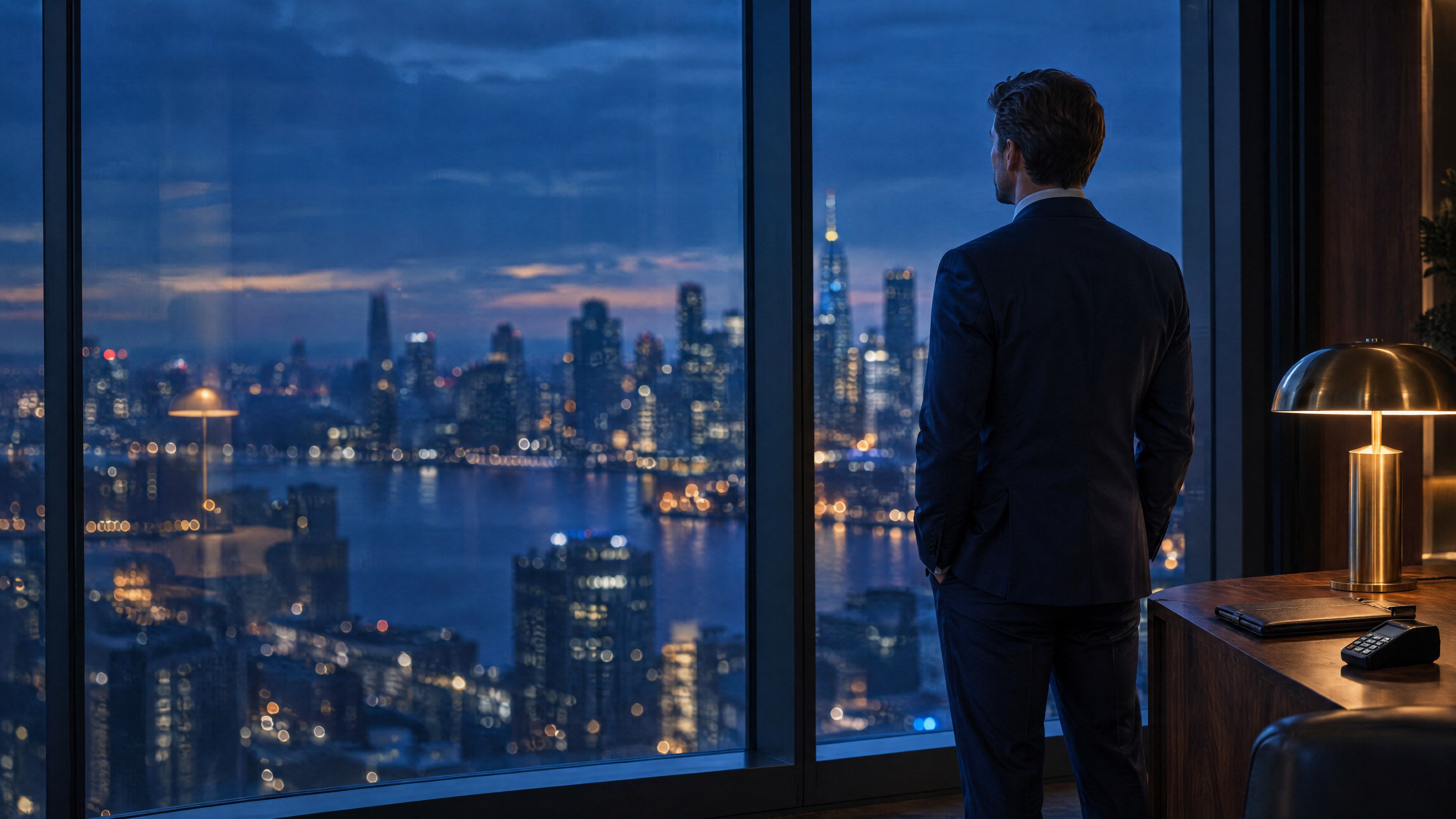 A business owner looks out over the city at dusk from his office window.