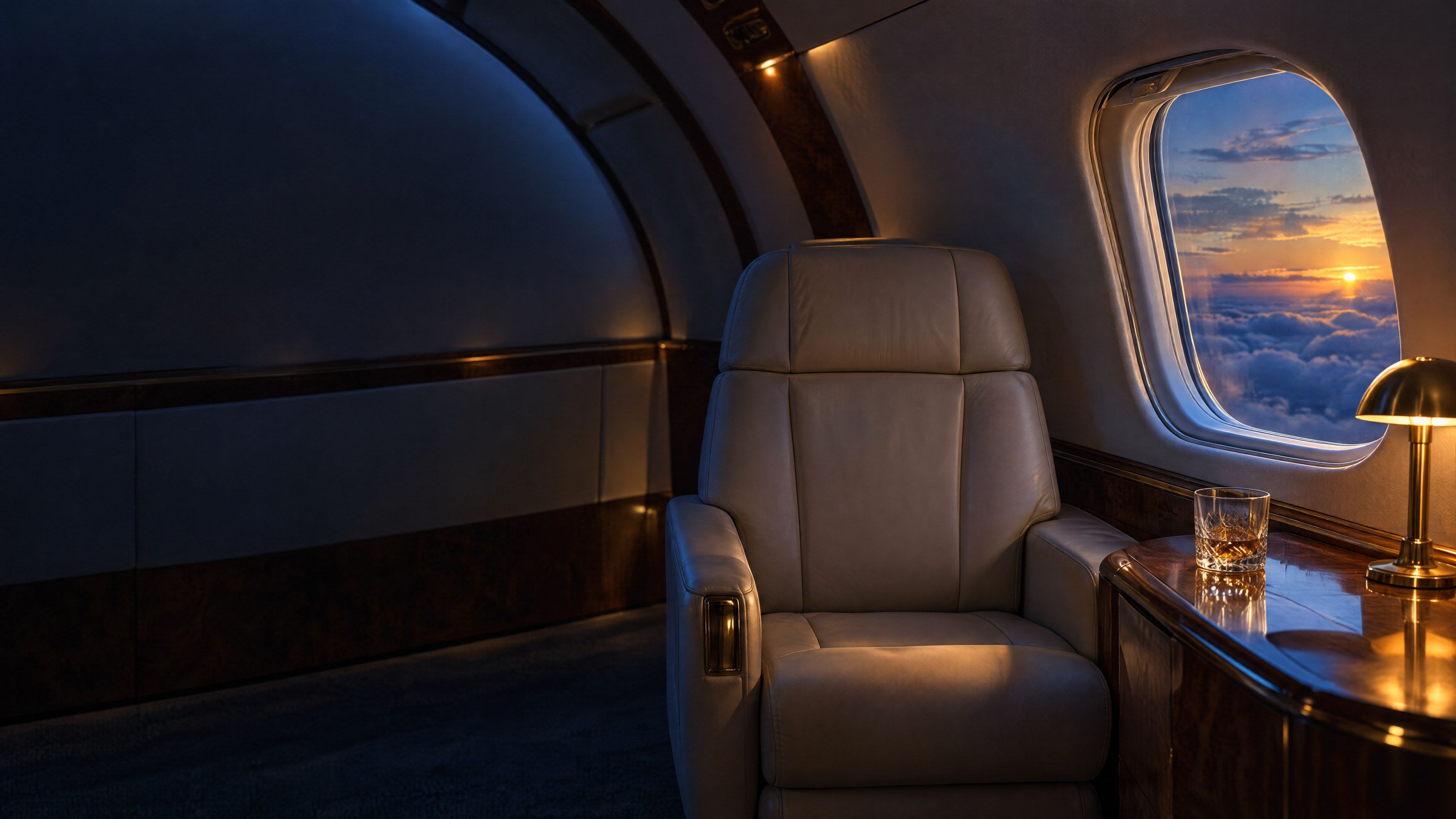A leather seat by the window of a private aircraft cabin as the sun sets over the clouds.